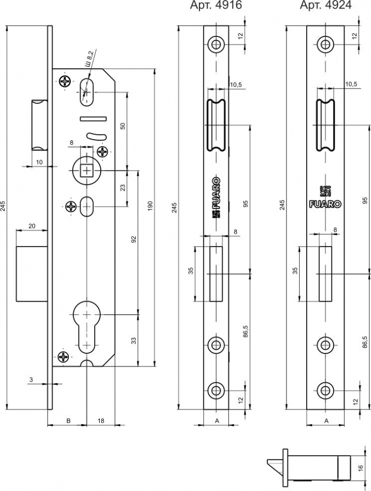 Корпус узкопрофильного замка с защелкой PROF4916-40/92 CP хром