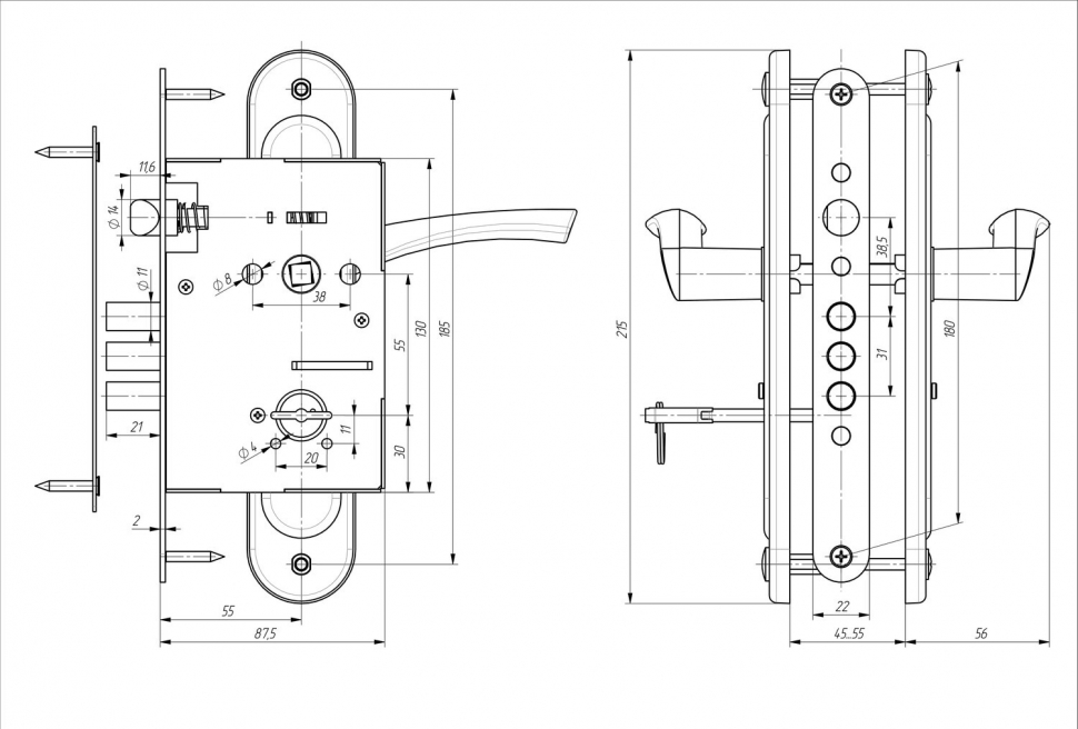 Замок врезной сувальдный с защёлкой в комплекте с ручкой ЗВ9.009/17 (серебро), 4 кл.