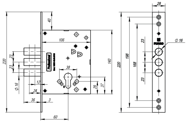 Корпус врезного замка MDV25/C-60.00.3R16