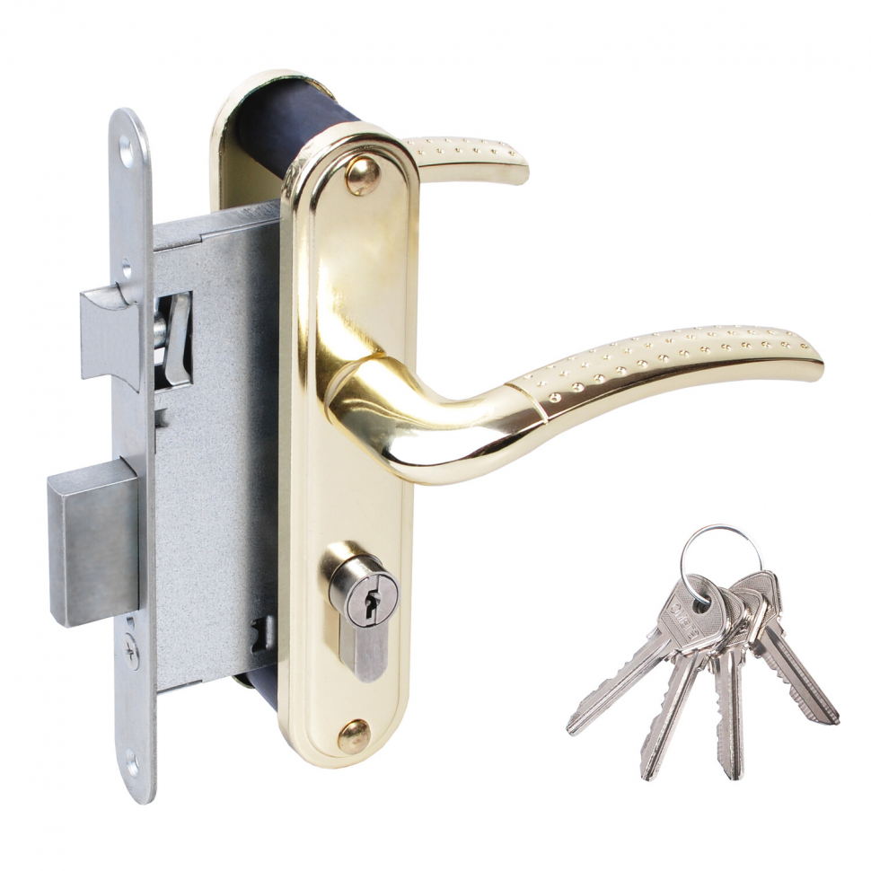 Замок врезной цилиндровый с защёлкой в комплекте с ручкой ЗВ4-55.27 (золото-лак), 4 кл.