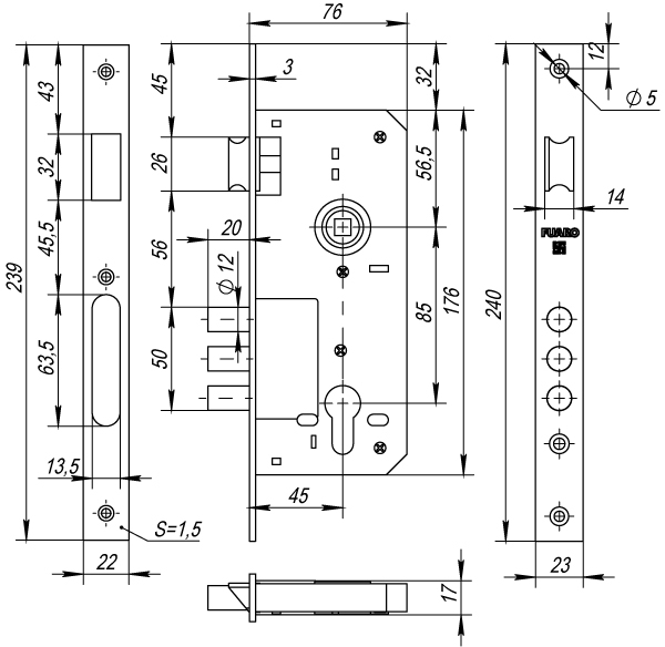 Корпус врезного замка с защёлкой DD900/C-45.85.3MR (900 3MR W/B) PB латунь