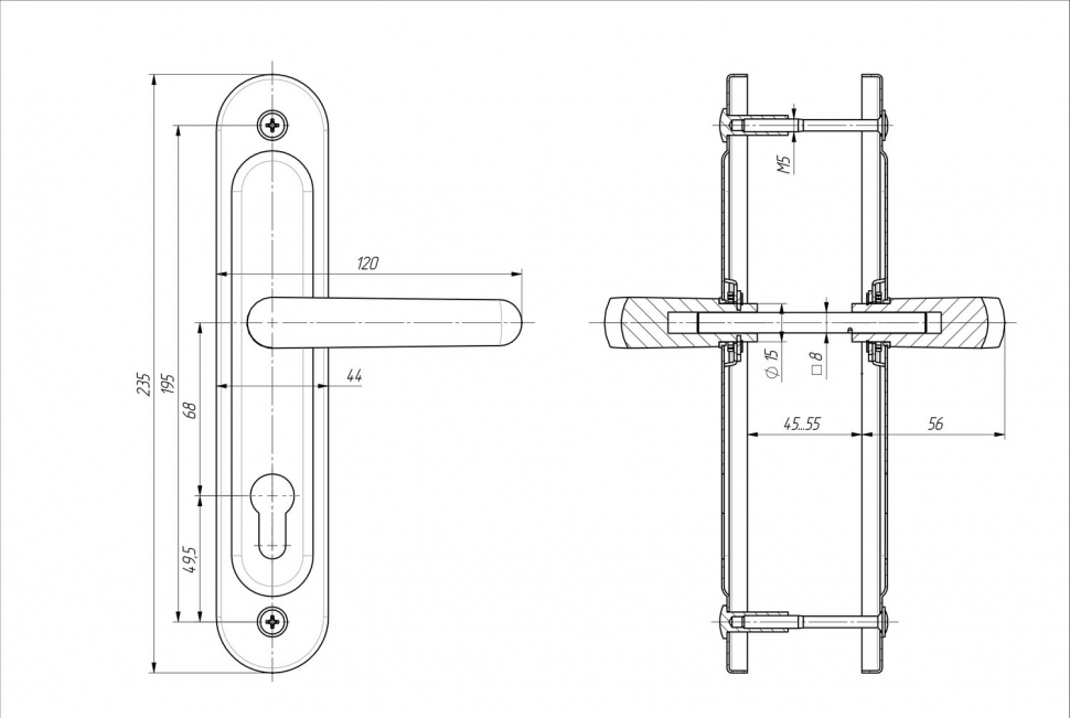 Ручка дверная на планке РФ1-68.02 серебро