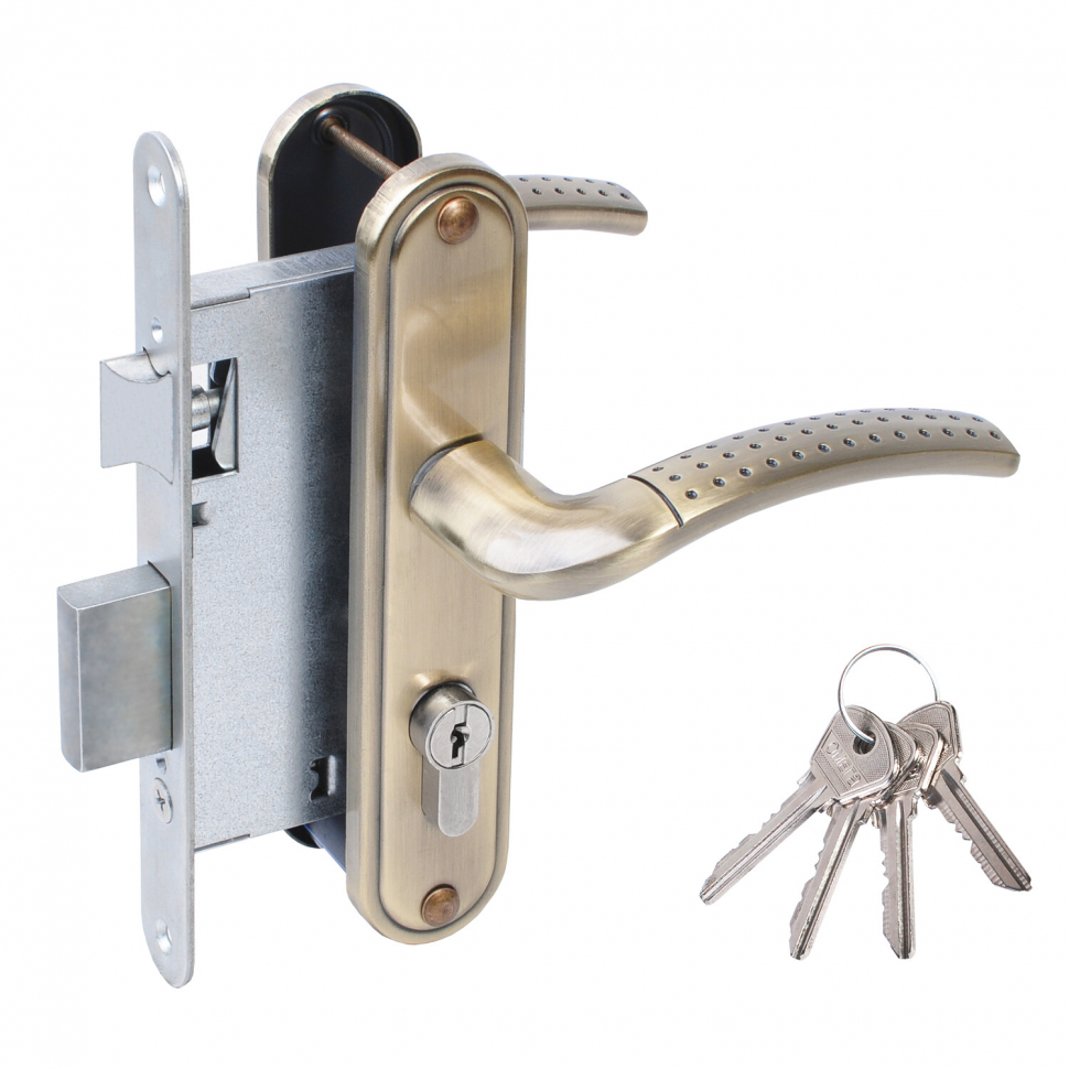 Замок врезной цилиндровый с защёлкой в комплекте с ручкой ЗВ4-55.27 (ант.бронза), 4 кл.