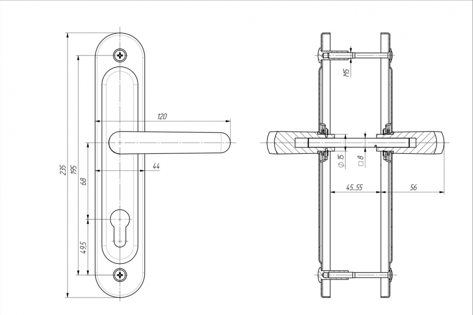 Ручка дверная на планке РФ1-68.02 медь