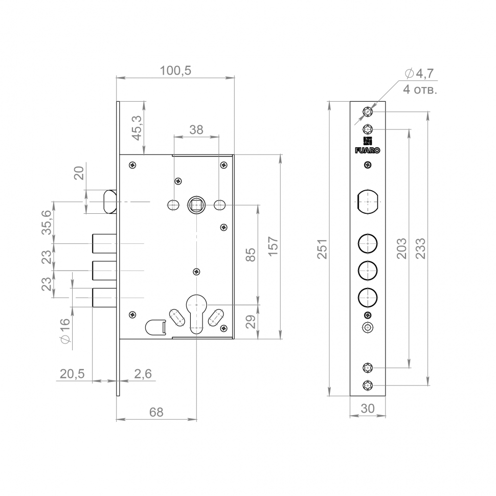 Корпус врезного замка полуавтоматический с защёлкой MDV32.21/C-60.85.3R16 S/A