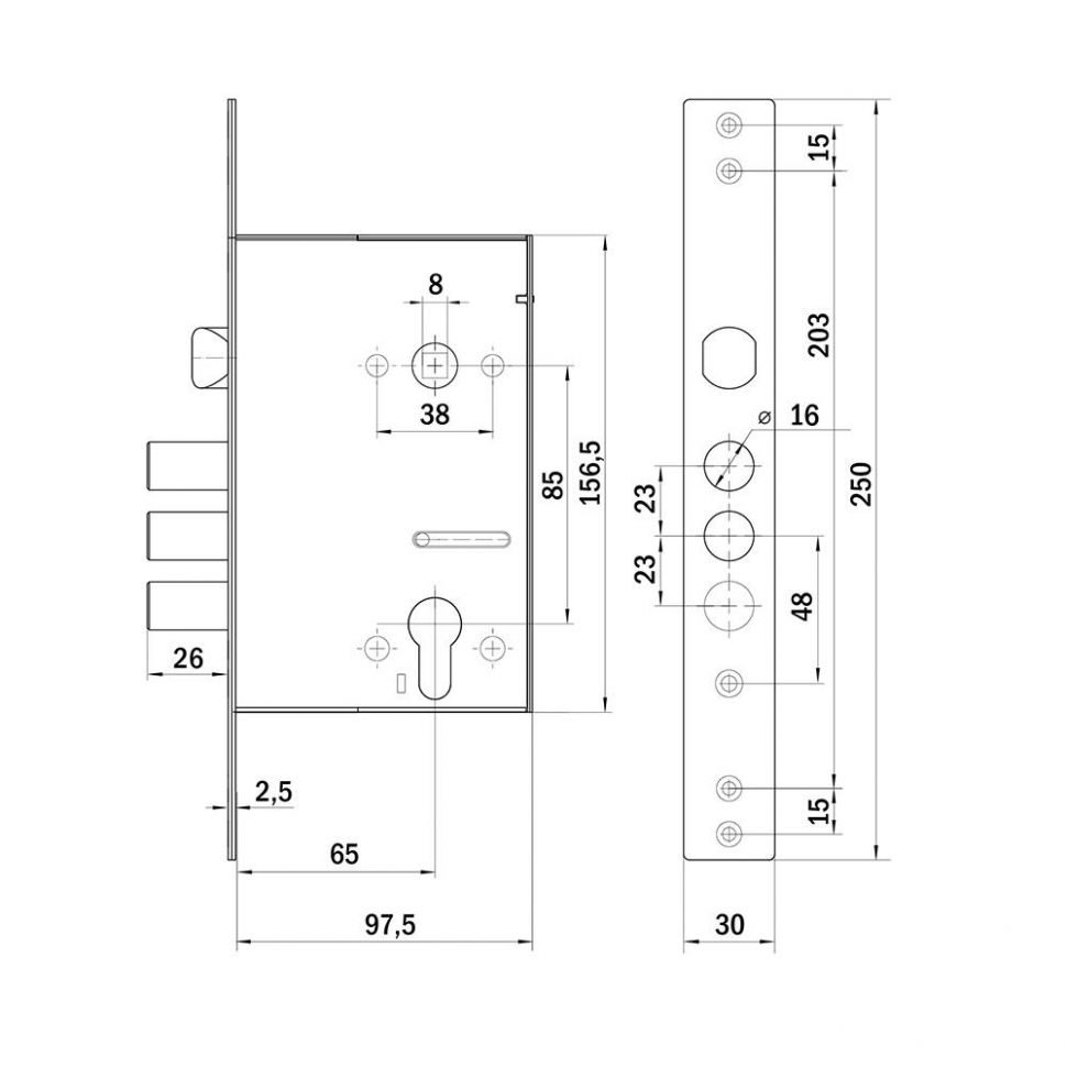 Корпус врезного замка c защёлкой MDV30C-816 CP (V30/C) CP хром тех.уп.