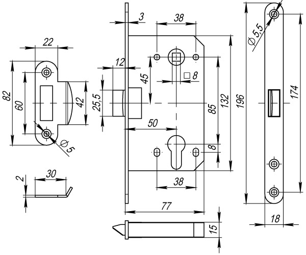 Корпус врезного замка c защёлкой PLASTP85C-50 (P85C-50) SN матовый никель