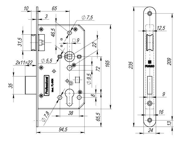 Корпус врезного замка c защёлкой FP.C-65.72-0434 (FL-0434)