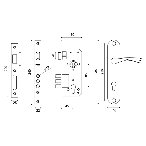 Замок цилиндровый в комплекте с ручкой LOCKSET90.CRONA.4585-3 (KIT P90 4585/3 CRONA) AB бронза