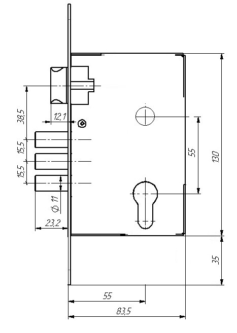 Замок врезной цилиндровый с защёлкой в комплекте с ручкой ЗВ4-3/09Р (медь), 4 кл.