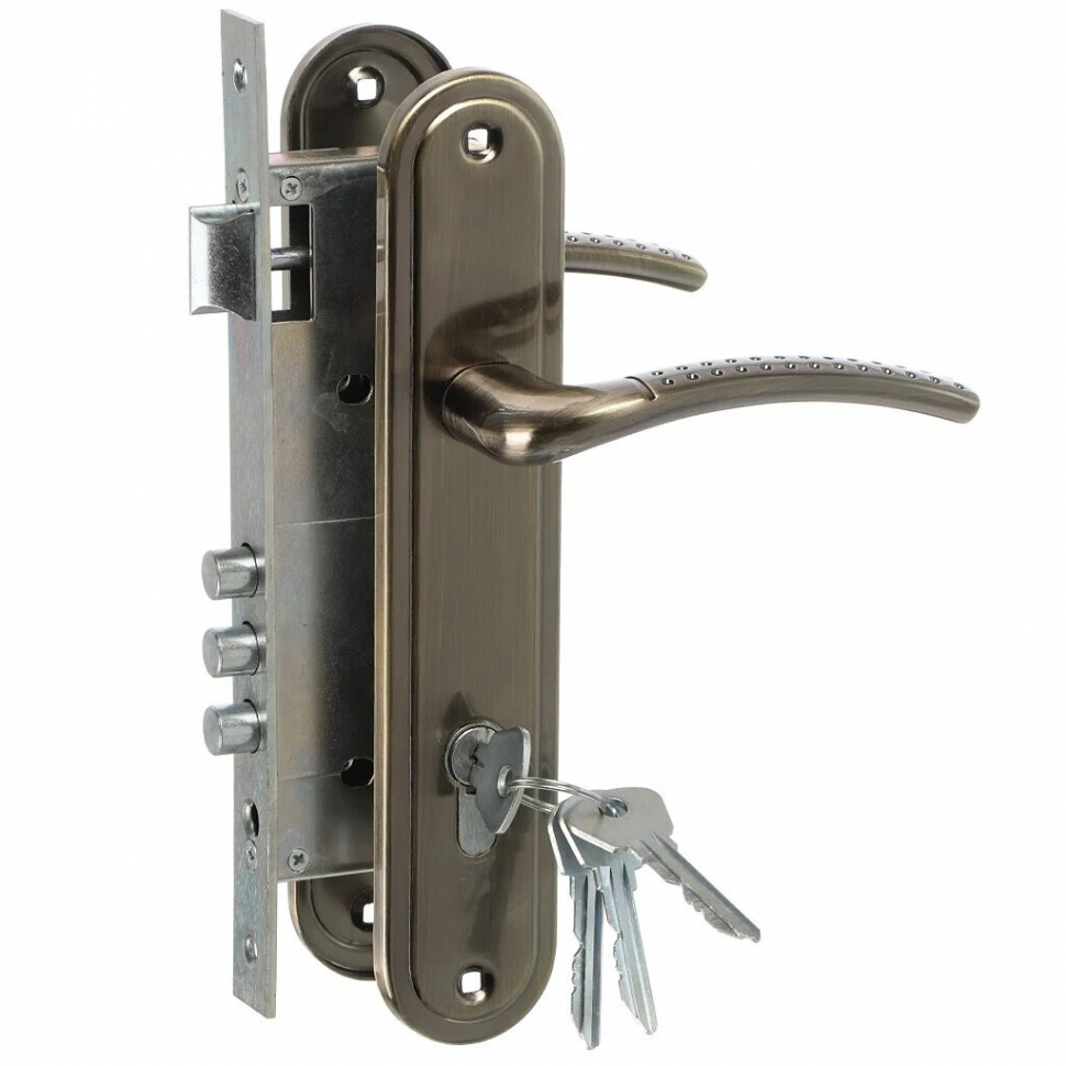 Замок врезной цилиндровый с защёлкой в комплекте с ручкой ЗВ4-85.27 (ант.бронза), 4 кл.